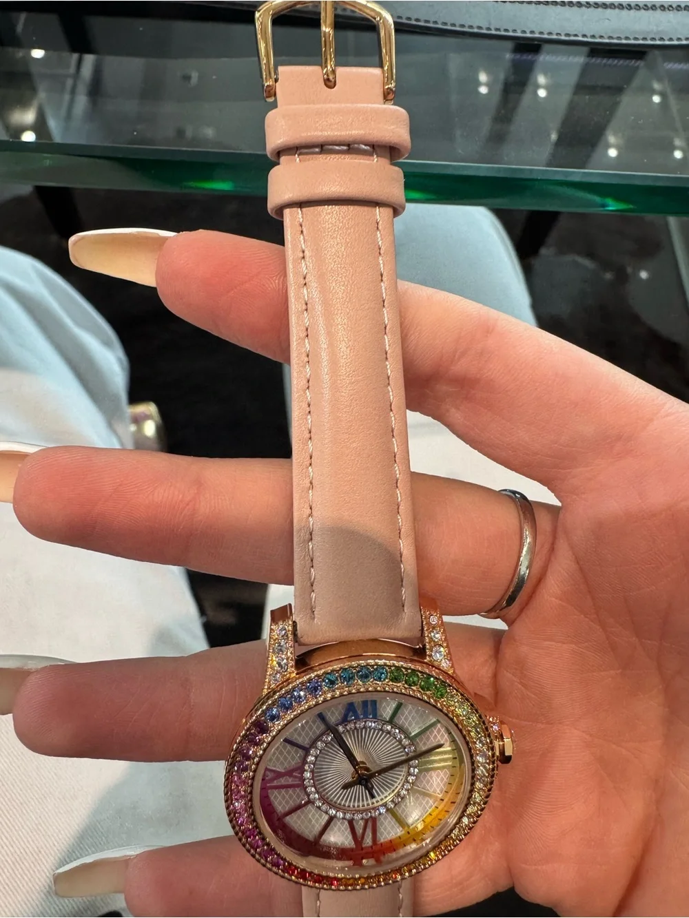 New Judith Ripka Rose Gold-Tone Rainbow Diamonique Watch w/ Pink Leather Strap
